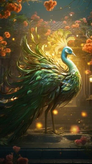 中国古代神话，凤凰，闪闪发光的深绿色羽毛，尾巴像孔雀，火焰环绕全身，高细节，复杂的金色羽毛设计，全景肖像，优雅庄严，桃花园背景，美丽的灯光，8k高清，辛烷渲染，不真实的引擎测试