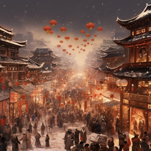 中国节，冬至，唐代的红色长街道，热闹的人群，温馨，和谐，中国风，