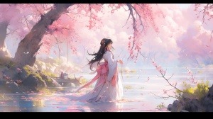 一个女孩，穿着粉红色汉服，在桃林散步，有一个湖，周围有五颜六色的花