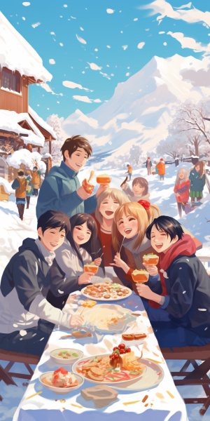 冬至节日图，一群人雪景中吃饺子，快乐，幸福