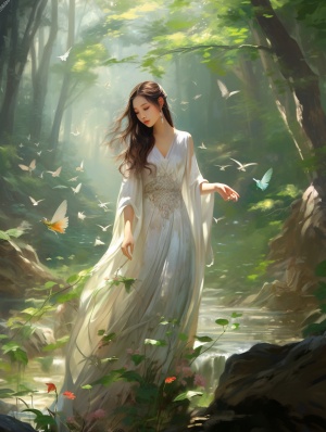 茂密的秦岭森林，翠绿的树木间，一位身着轻盈长裙的美丽女子，微笑着款款向前走，阳光洒在她的长发上，如同一股金色的瀑布，映衬出她那明亮的双眸。周围鸟语花香，野花在她脚边开放，彩蝶在她身旁翩跹起舞，与她一起构成了一幅恍如仙境般的画卷。不远处，一群小动物静静注视着她，仿佛在传递着它们的祝福与喜悦。
