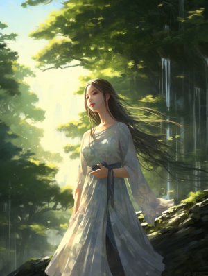 茂密的秦岭森林，翠绿的树木间，一位身着轻盈长裙的美丽女子，微笑着款款向前走，阳光洒在她的长发上，如同一股金色的瀑布，映衬出她那明亮的双眸。