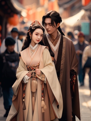 一个女人和一个男人，穿精致汉服，在京城街道小食街并肩前行，脸部细节，高质量，最佳画质