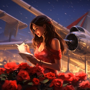 唯美插画：圣诞女孩与红色鲜花的平面艺术