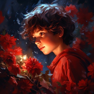 圣诞男孩的唯美红色鲜花插画平面
