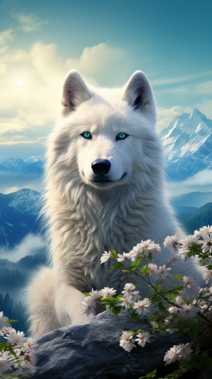 春意盎然的绿色山峰与美丽的白狼