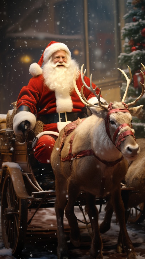 Christmas-themed, Santa Claus, gifts, reindeer, sack, sleigh.