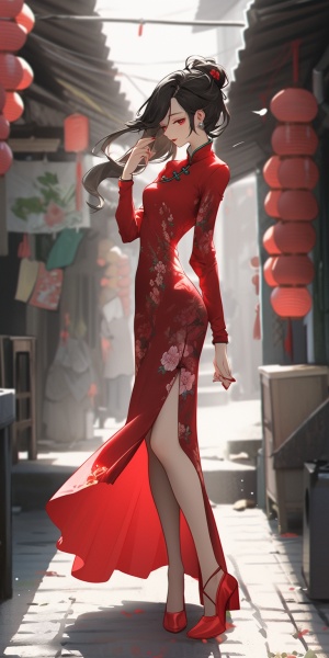 在明媚的阳光下，在一条江南风情的小巷中，缓缓走来一位身着红色旗袍，身材饱满，美艳绝伦，大长腿，高开叉，穿着黑丝的女子，全身像，高清画面，大师作品。