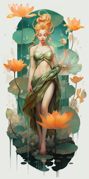 安宁静谧的绿衣仙子站立在莲花上，，梦幻般的色调，祥和的神态，抬起一只玉手，翩然起舞，sketchfab，松散而流畅，宁静的面孔，淡金色和橙色，充满活力的插图的风格