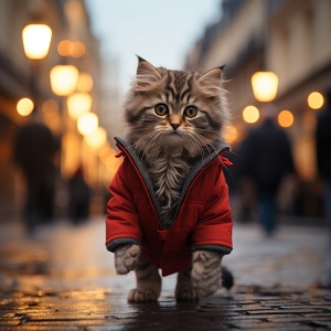 可爱的猫咪，穿着穿着羽绒服，在巴黎大街上姓走