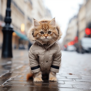 可爱猫咪穿羽绒服在巴黎大街上闲逛