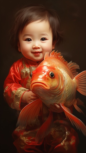 中国传统年画，年年有鱼，一个可爱的宝宝，抱着一只很大很大的鲤鱼