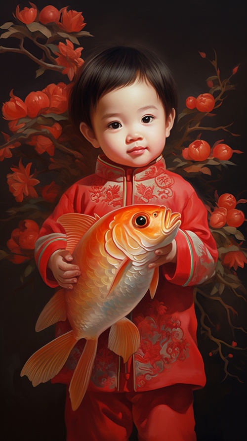 中国传统年画，年年有鱼，一个可爱的宝宝，抱着一只很大很大的鲤鱼