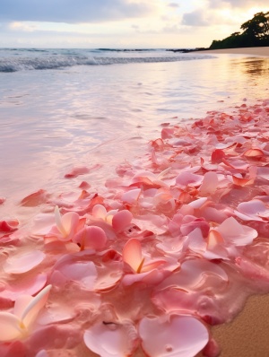 花瓣躺在海洋附近的沙滩上，浅粉色和浅红色，生动的梦境，汤加艺术，flickr，树脂，夜光海景，cranberrycore