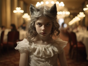 狼耳朵和狼眼睛的女孩在拥挤的酒店宴会厅