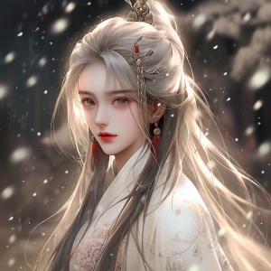 中国女生穿金色汉服，妆容精致，白发飘逸，景色明亮