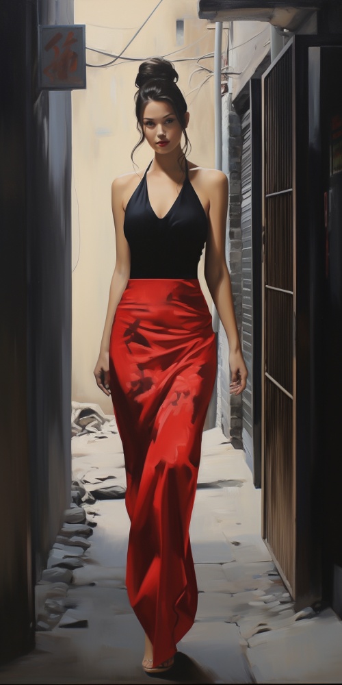 在充满中国风情的小巷中，缓缓走来一位身着红色旗袍，身材饱满，美艳绝伦，大长腿，穿着黑丝的女子，全身像，高清画面，大师作品。