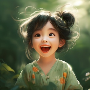 Cute Anime-Style Little Girl in Green Chinese Dress