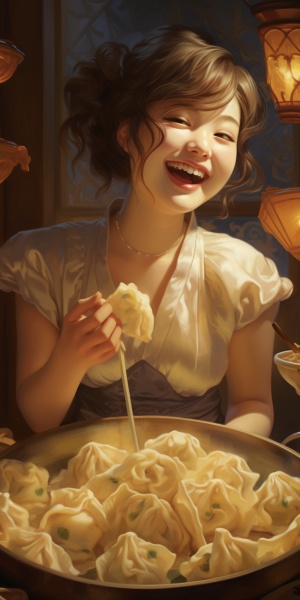 一个少女，欢乐，吃水饺