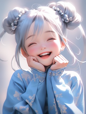 Blue Chinese Dress: A Cute Cartoonish Little Girl in Anime Style
