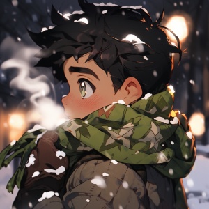 圣诞夜下雪的超高清绿围巾男生