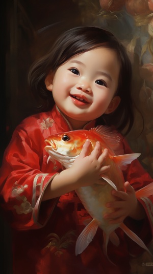 Traditional Chinese New Year paintings, with fish every year, a cute baby holding a big carp, Joyful, red ar 9:16
