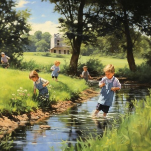 夏天到了，小孩子们都在溪边玩耍，有的人拿水枪大乱斗，有的人玩水，有的人在溪边游泳