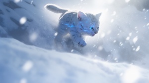 3D，CG，皮克斯风格，可爱的雪猫从高处雪坡上跃下，头上有蓝色的装饰花钿，奔跑，，背后是极地雪坡，雪猫从雪坡跳下来，飞跃，暴风雪，非拟人化，戏剧性的灯光，8k，肖像，在Otomo Katsuhiro的风格，在一个现实的超细节渲染风格，发光，，zbrush，超现实的油，，夸张的视角，Tyndall效果，，背景，现实，超级清晰，立体感超强