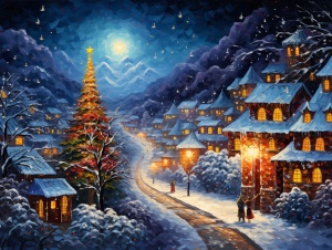 中国的圣诞节：闪烁的彩灯，璀璨的圣诞树，装饰华丽的礼物盒，雪白的雪花，欢快的节日音乐，温暖的炉火，甜美的巧克力味道，鲜艳的红色装饰，美味的火鸡晚餐，满满的圣诞气息。油画棒画的，油画作品，没有人，只有一只猫和后面的场景