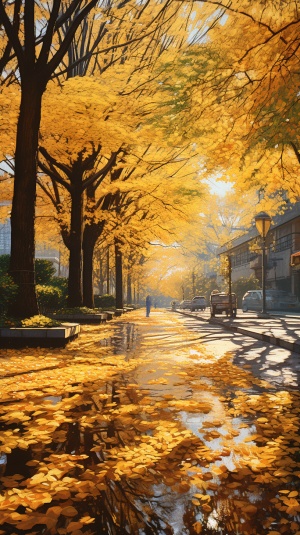 MJ画板→通用模型关键词城市秋天的路上覆盖着金黄色的落叶，逼真的摄影带来了细腻的质感，人行道上的树木生长茂密，美丽的金黄叶子遍布其间。高质量照片带来金色色调，这幅UHD图像中，深绿色和浅蓝色相互交错，呈现出明亮的光线和阳光。这是一个北京东村风格的场景，带来令人愉悦的自然风光，使人们感受到温暖和喜悦。