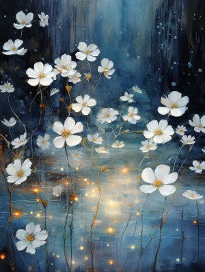 白色花丛 萤火虫 深蓝的背景 仙境一样 水彩