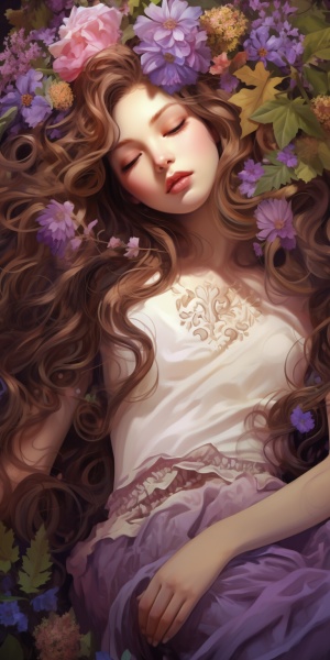 插画美丽长发女孩戴花环躺在鲜花中紫色裙子