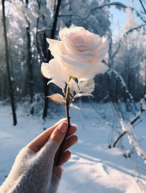 someones left hand holding up a white rose covered in snow, in the style of soft, dream-like quality, neo-plasticism, romantic scenery, handcrafted beauty, [toraji], naturecore, furaffinity ar 3:4