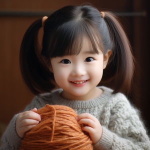 中国小女孩编织毛线，微笑注视，浅色背景