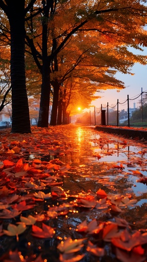 Cold Dew, Alley, Scenery After Rain, Autumn Breeze and Fallen Leaves, Sunset, Super Realistic, Fixed Shot, Dynamic Angle 秋风落叶，秋色迷人 美丽枫树，枫叶飘落 美丽的晚霞，行人匆匆 雨后的路面 ，枫叶满地， 令人难以置信的细节，完美的细节 超精美画面，超真实画面 高级摄影技术，高级摄像头