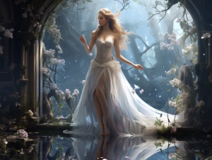 仙女，长发飘飘，一身白衣，容颜清丽，站在一棵仙树下，全身镜，