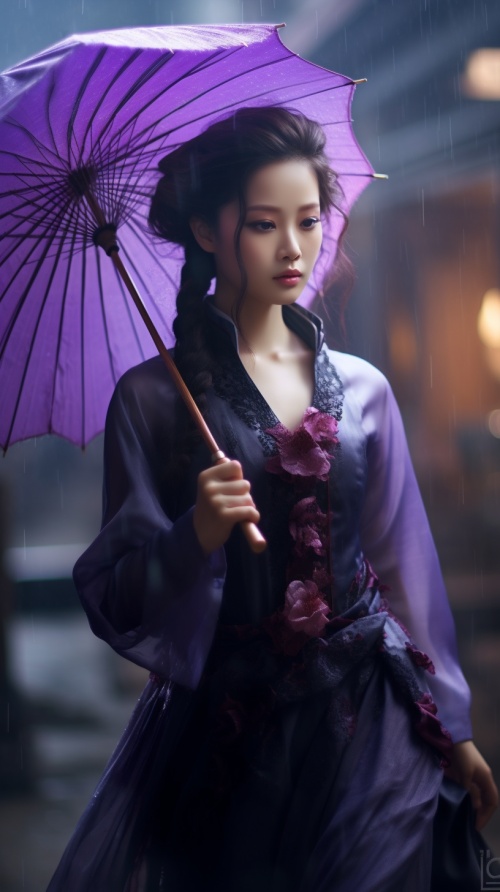 烟雨蒙蒙的古代街道，一位紫衣汉服美女撑着油纸伞走在雨中，古风，8K 高清