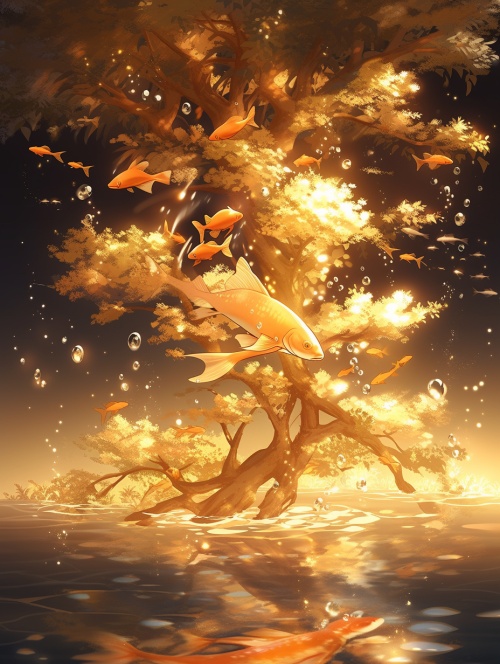 The majestic and most beautiful gold tree is covered with gold coins. The leaves are gold. There are many beautiful golden wild flowers under the tree. It is brilliant, 锦鲤在附近游，dreamy, light effect, flame, myth background, 4k, 8k, illusion engine, octane rendering, high-definition， 4K.HD