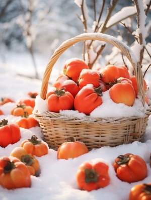 装满红色柿子的篮子坐在雪上，采用朴实的调色板，浅银和浅橙色，基于网格的uhd图像，对恶劣天气的描绘，媚俗的美学，唯美浪漫，写真。