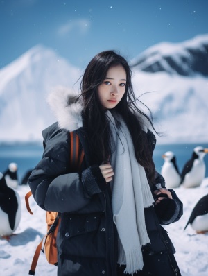 全身，企鹅，带着可爱的笑容看着镜头，美丽的16岁中国女孩，企鹅背景，北欧雪山风光摄影，广角镜头，冰川，深蓝色的大海，远处的雪山
