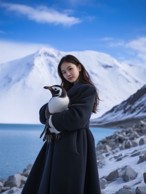 全身，企鹅，带着可爱的笑容看着镜头，美丽的16岁中国女孩，企鹅背景，北欧雪山风光摄影，广角镜头，冰川，深蓝色的大海，远处的雪山