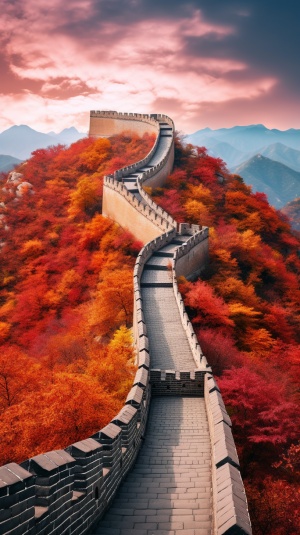 Beautiful great wall of China, autumn scenery, clouds, mountains of maple leaves, realistic photos, HD details, lifelike, 4K,HD