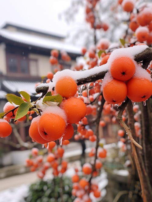 雪地里，一棵巨大的柿子树挂在城市的角落，挂着红色的柿子，柿子覆盖着白雪，旭日东升，江南古镇传统的景观安静，美丽，高细节，柔和的月光，柔和的色彩，柔和的光线，8k，新的幸福，深细节，细节层次清晰，高品质，高清晰度