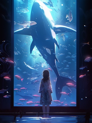 一个女孩，水族馆，鲸鱼，空灵