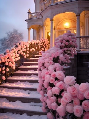 雪景中的浪漫玫瑰花园