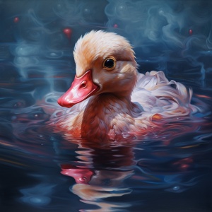 一幅鸭子在水中游泳的画，以逼真的超细节肖像，深银色和浅红色，动植物的准确性，超现实主义的壁画，深白色和浅靛蓝，阴郁，宁静的面孔的风格