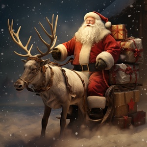 Christmas-themed, Santa Claus, gifts, reindeer, sack, sleigh.