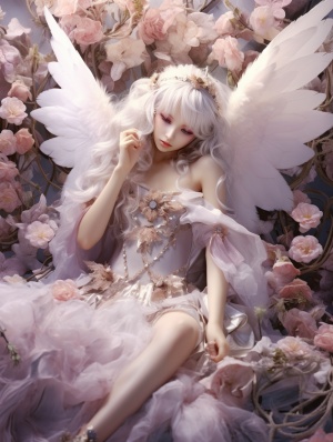 梦幻紫粉色金色眼睛全身照片赤脚卡哇伊银发天使的翅膀