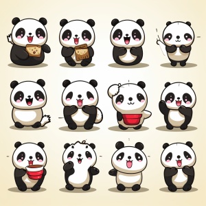 一只可爱的熊猫,多种姿势和表情，快乐，愤怒,哭泣，表达爱，玩酷，亲亲，贴贴，拥抱等，表情符号包，f64组，相关角色，线条风格，2d，生动的色彩，雕刻,大胆的轮廓,卡哇伊美学