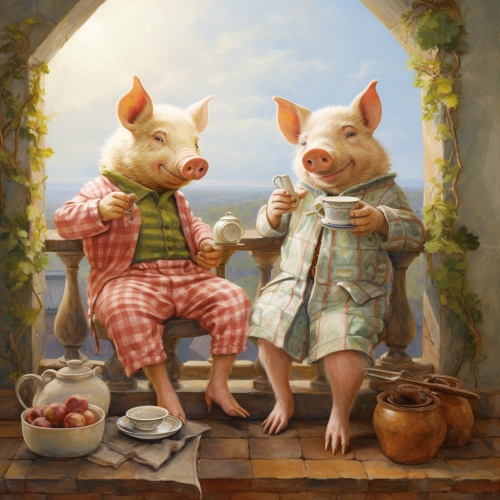 阳台上，两只小猪，穿着睡衣坐着在喝茶，